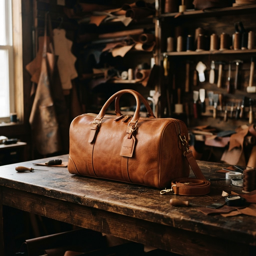 A handcrafted tan leather weekender bag resting on an artisan workbench